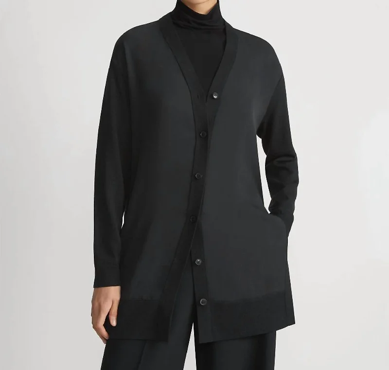 hand knitted women cardigan with artisanal charmResponsible Fine Gauge Georgette Cardigan In Black
