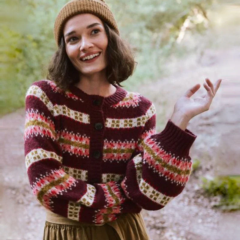 button down women cardigan with vintage buttonsRetro Burgundy Fair Isle Striped Pattern Balloon Sleeve Button Up Cardigan