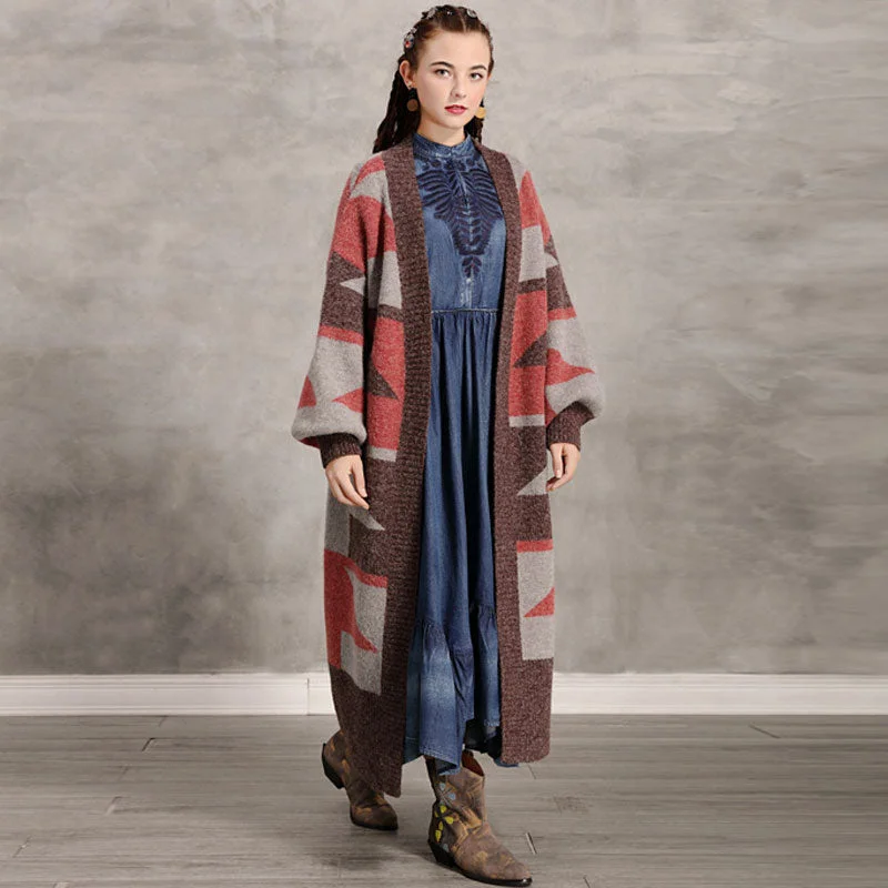 boyfriend style women cardigan for a relaxed fitRetro Multicolor Geometric Print Balloon Sleeve Open Front Duster Cardigan