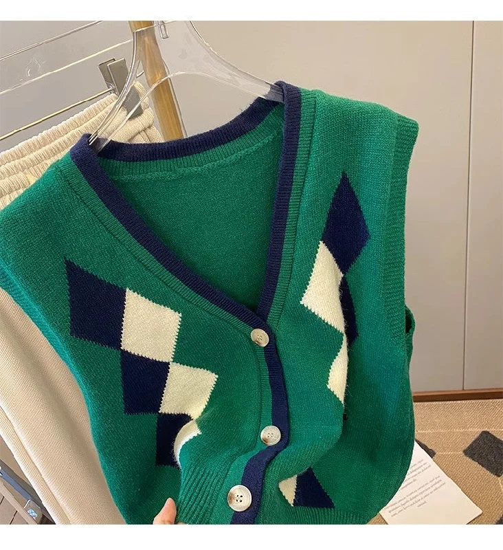 color block women cardigan with bold huesRetro knitted cardigan vest for women new vest top     S5028