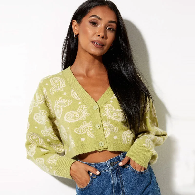 sequin embellished women cardigan for special occasionsRetro Paisley Print V Neck Drop Shoulder Long Sleeve Cropped Green Knit Cardigan