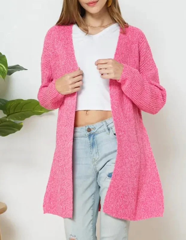 v neck women cardigan to elongate the necklineRibbed-Knit Open-Front Cardigan In Hot Pink