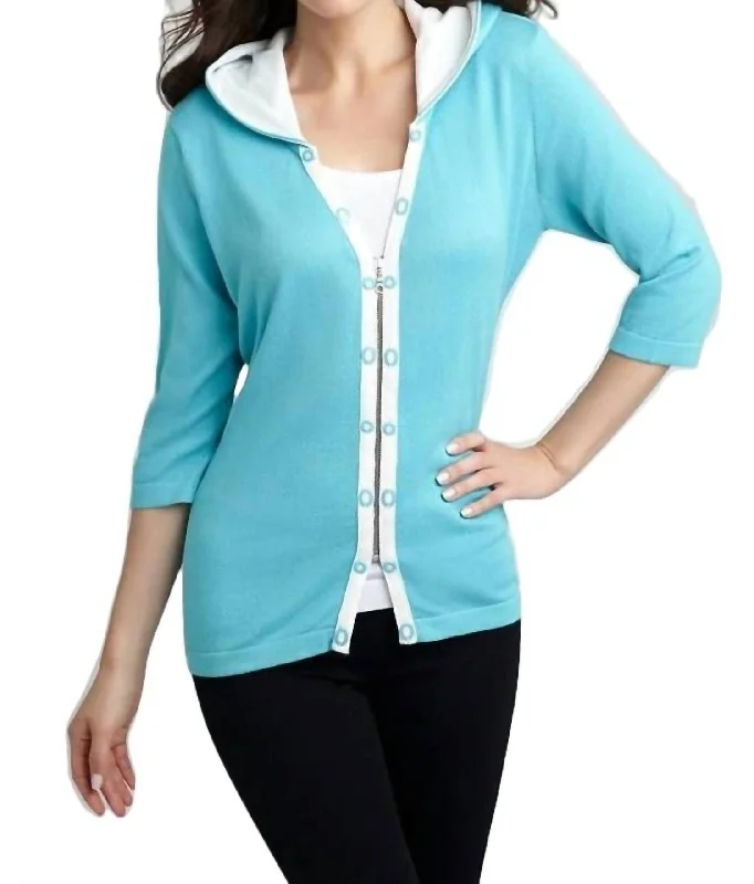 boyfriend style women cardigan for a relaxed fitRivet Hooded Knit Cardigan In Turquoise/white