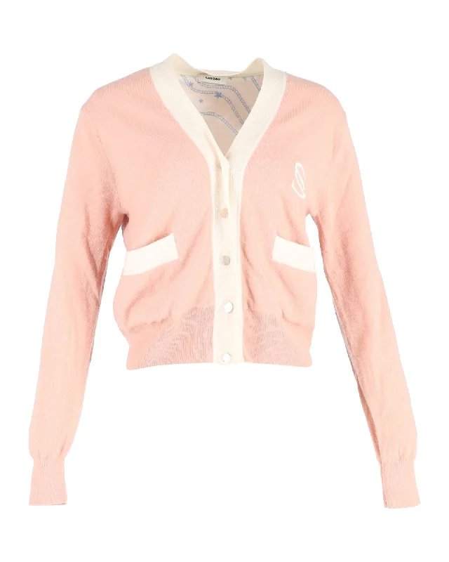 v neck women cardigan to elongate the necklineSandro Button-Front Cardigan in Pink Wool