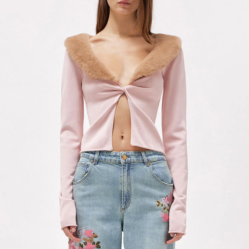 sequin embellished women cardigan for special occasionsSexy Faux Fur Collar Deep V Neck Twist Front Split Long Sleeve Cropped Knit Cardigan