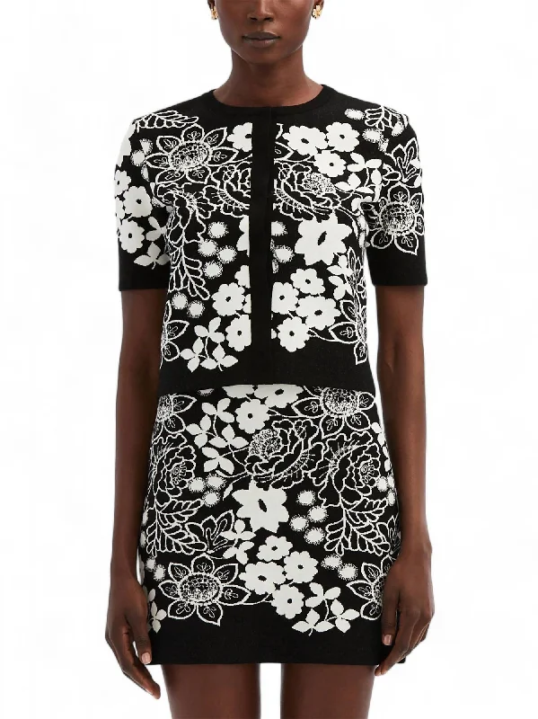sequin embellished women cardigan for special occasionsShort Sleeve Mixed Botanical Cardigan In Black/white