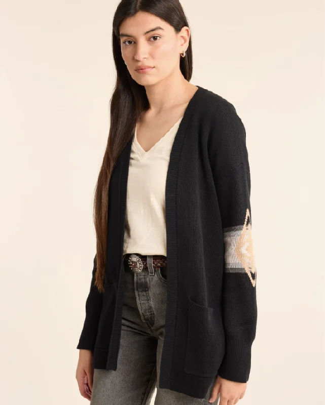 hand knitted women cardigan with artisanal charmSierra Springs Cardigan<br>Black Harding Multi