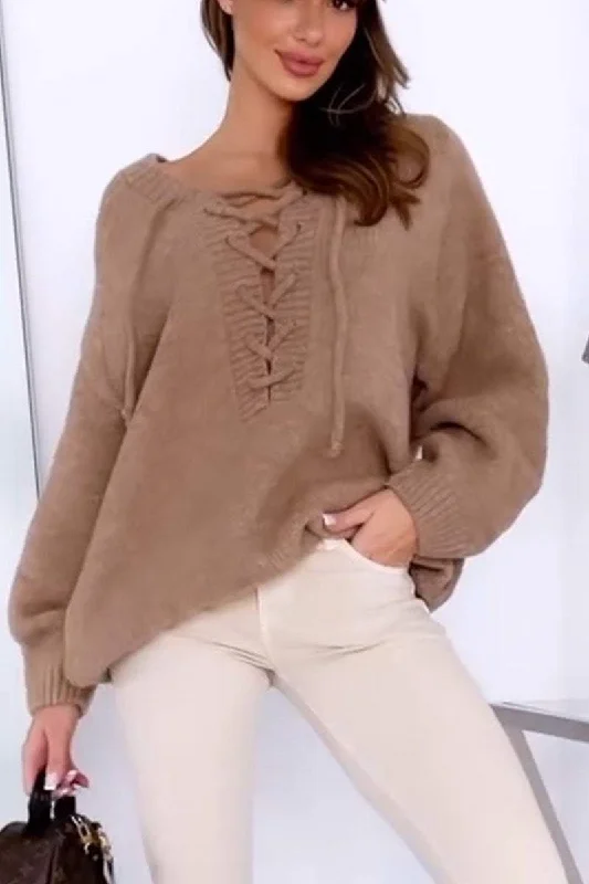 Solid Color Lace-Up Long Sleeve Sweater