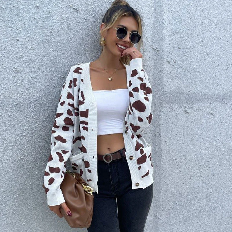long length women cardigan with side slitsStylish Khaki Leopard Print V Neck Drop Shoulder Button Up Cardigan
