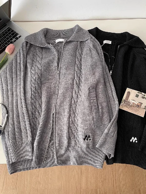 ribbed women cardigan with a classic texturesweater cardigan double zipper long-sleeved sweater jacket     S4776