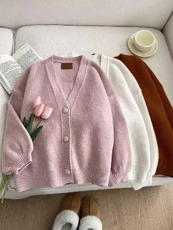 oversized women cardigan for a trendy and cozy lookSweet solid color V-neck knitted cardigan jacket     S4758