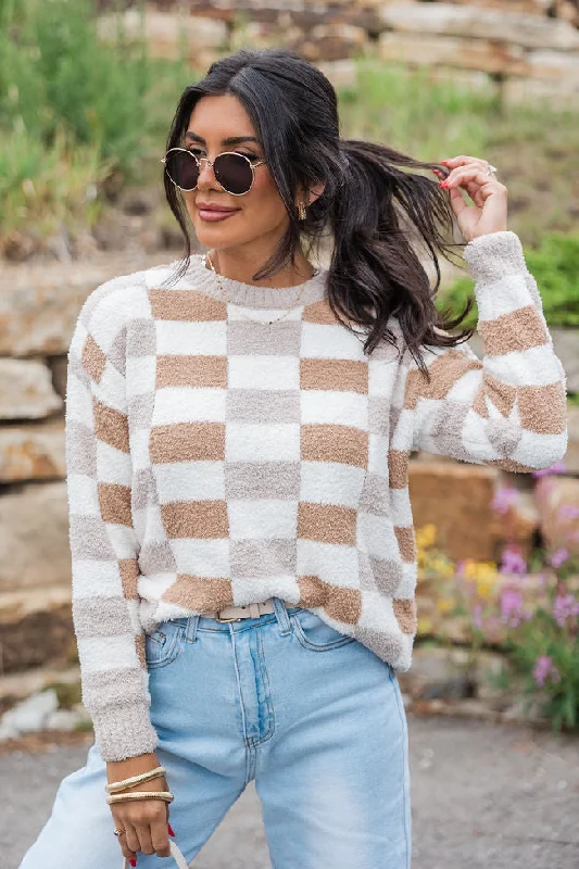 Sweet Truth Tan Fuzzy Checkered Sweater