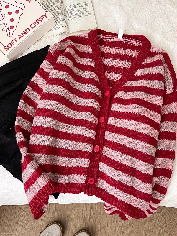 machine washable women cardigan for easy careSweet V-neck striped sweater coat long-sleeved knitted cardigan   S4769