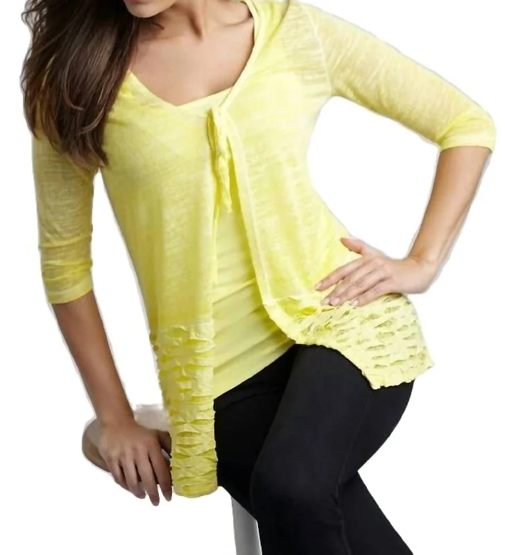 ribbed women cardigan with a classic textureTie-Front Melange Cardigan In Yellow