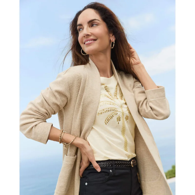 color block women cardigan with bold huesTommy Bahama Women's Aruba Long Sleeve Open Cardigan - Oatmeal Heather