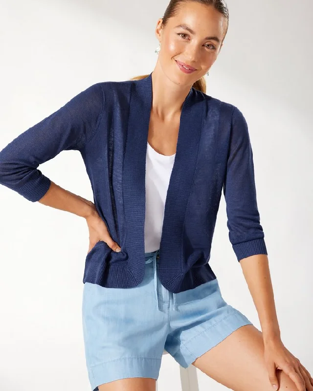 cable knit women cardigan with intricate patternsTommy Bahama Women's Lea Open Cardigan - Island Navy*