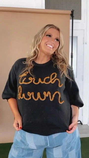 Touchdown Metallic Short Puff Sleeve Sweater, Black/Gold