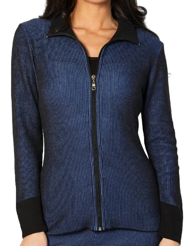 cable knit women cardigan with intricate patternsTwo Tone Ribbed Cardigan In Cadet