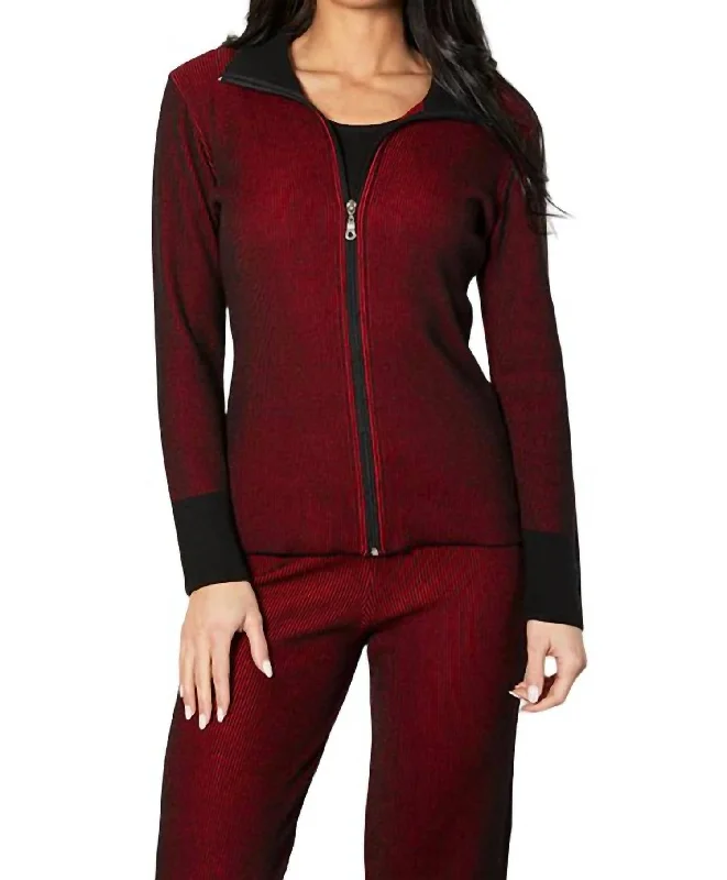 v neck women cardigan to elongate the necklineTwo Tone Ribbed Cardigan In Rouge