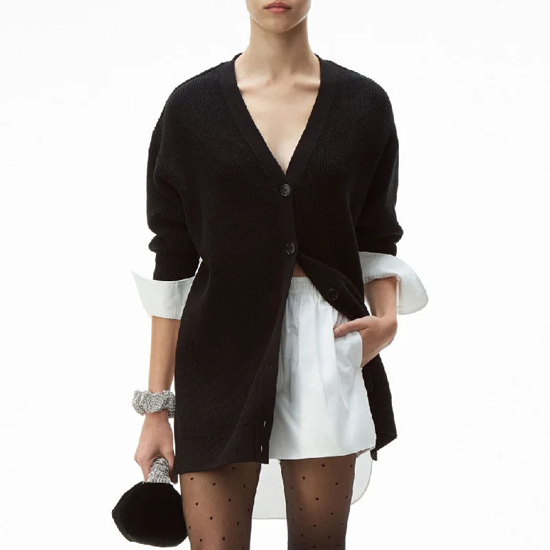 color block women cardigan with bold huesUnique Patchwork Button Down V Neck Ribbed Knit Cardigan - Black