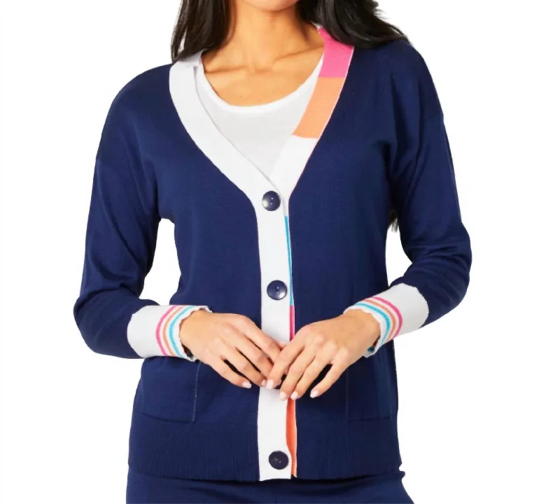cropped women cardigan to pair with high - waisted jeansV-Neck Stripe Button Cardigan In Sorbet
