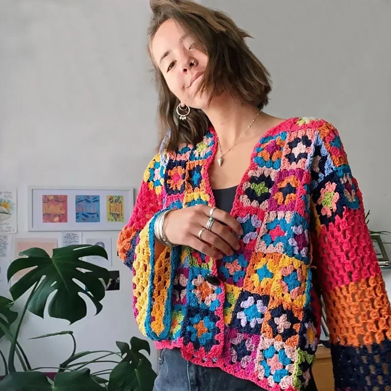oversized women cardigan for a trendy and cozy lookVintage Cropped V Neck Button Up Multicolored Crochet Granny Square Cardigan