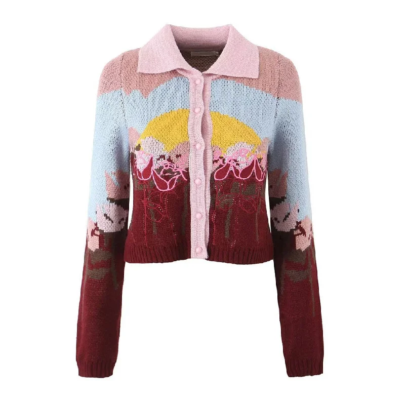 sequin embellished women cardigan for special occasionsVintage Embroidered Collared Button Up Long Sleeve Ribbed Knit Cardigan