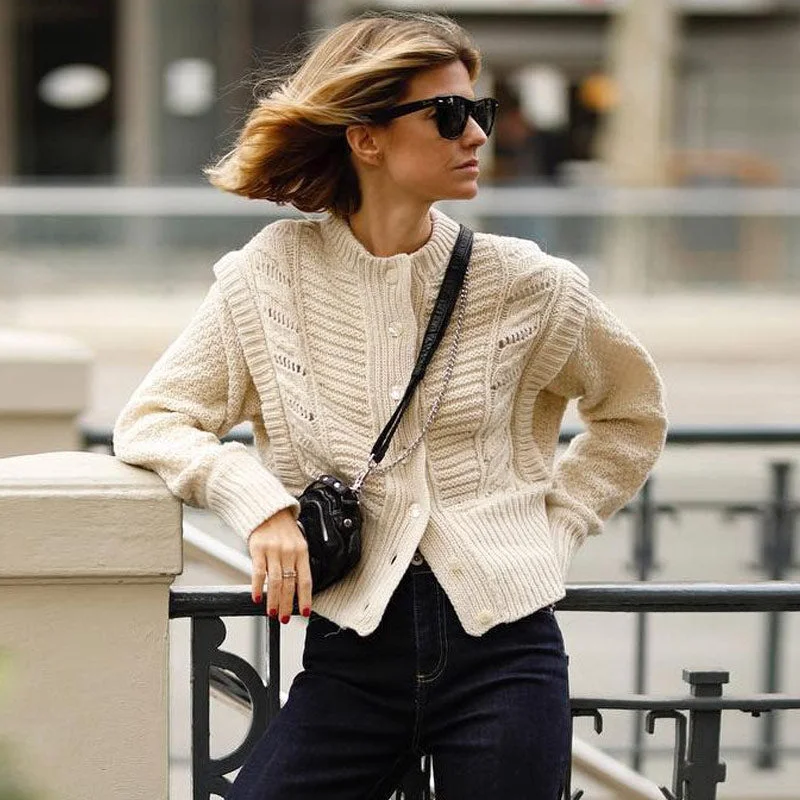 machine washable women cardigan for easy careWhiskering Trim Button Down Long Sleeve Cardigan - Cream