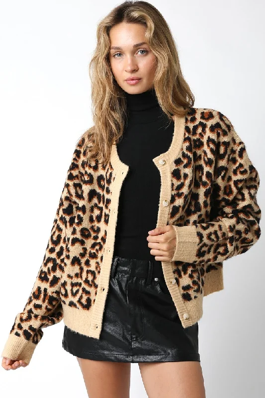 hand knitted women cardigan with artisanal charmWinona Button Down Leopard Print Cardigan Brown
