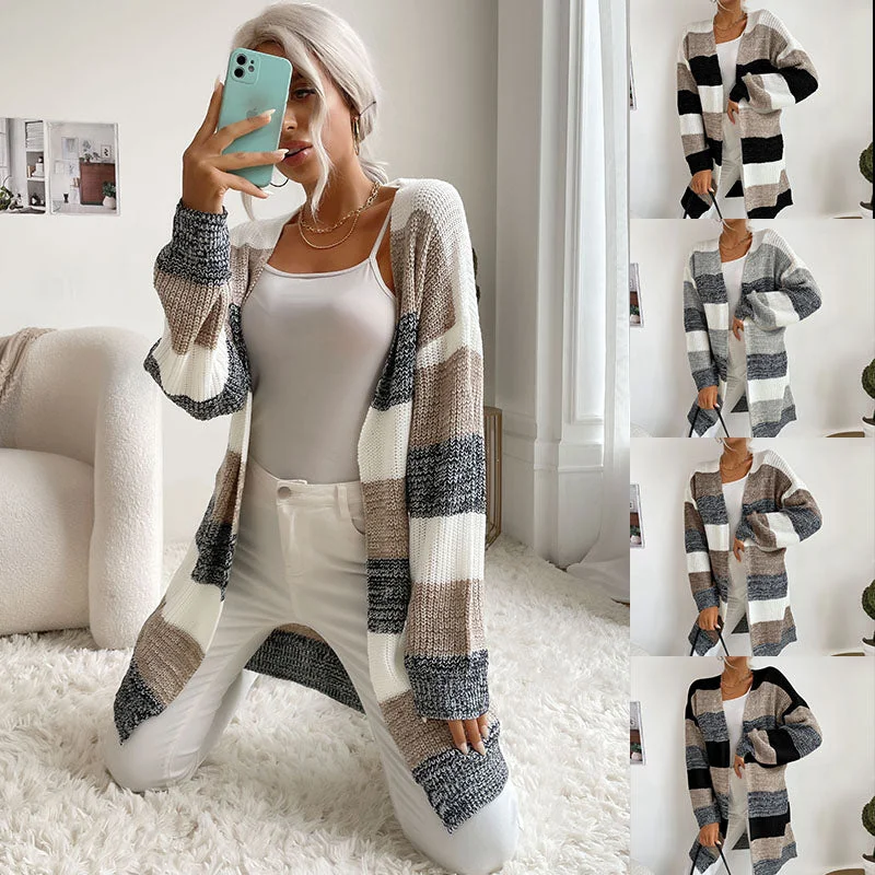 cropped women cardigan to pair with high - waisted jeansWomens Color Block Sweater Coat Outwear Long Sleeve Open Front Loose Knitted Cardigan Sweaters