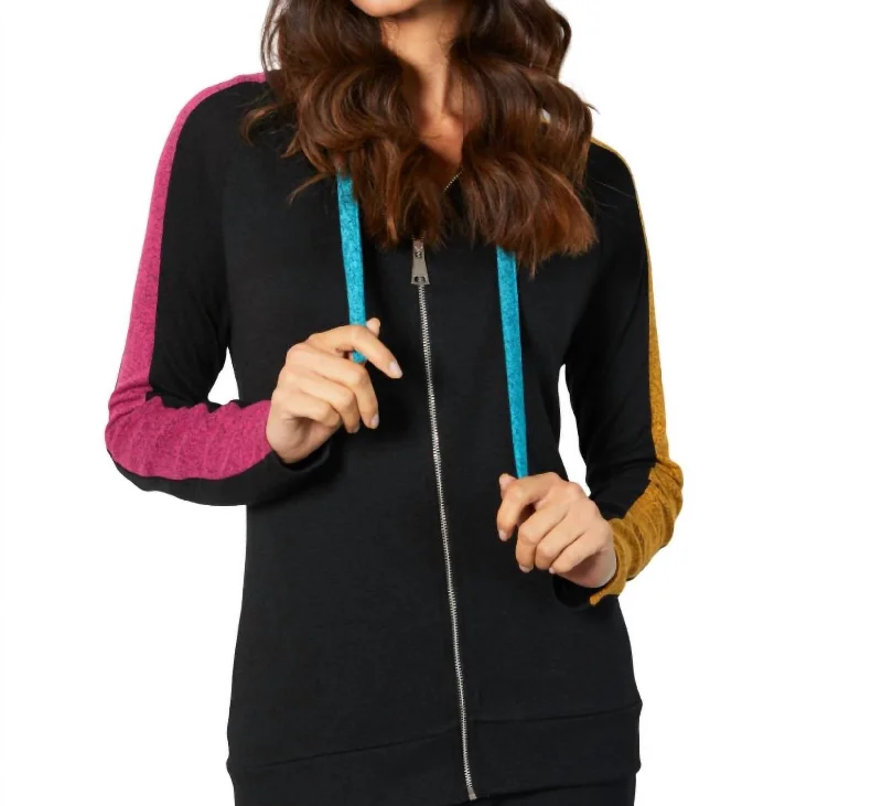 boyfriend style women cardigan for a relaxed fitZip Up Hoodie Cardigan In Black/combo (A/s)