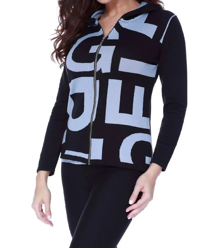 open front women cardigan for easy stylingAbstract Hooded Cardigan In Black/denim