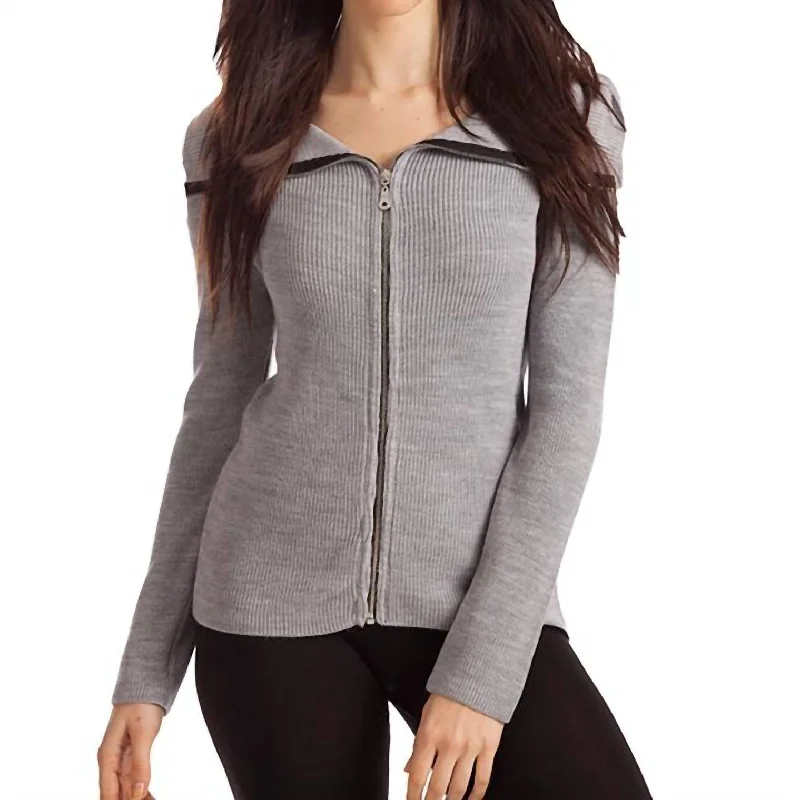 ribbed women cardigan with a classic textureAmaya Zip Front Cardigan In Gray