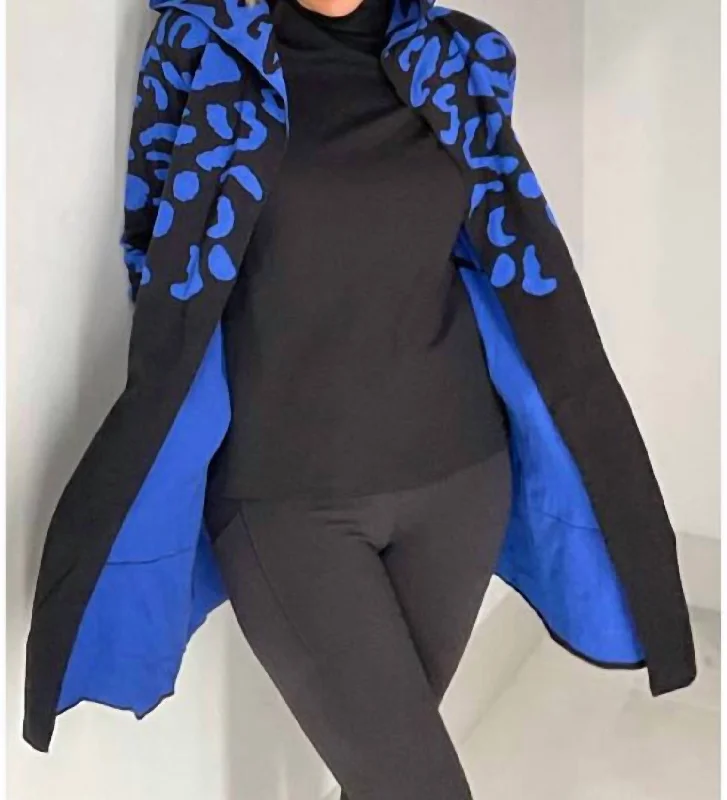 hooded women cardigan for added warmth and styleAnimal Cardigan W/ Hood In Royal And Black