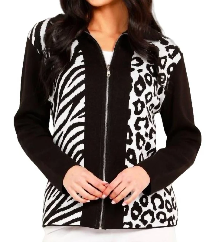 floral print women cardigan for a feminine touchAnimal Print Zip Cardigan In Black/white