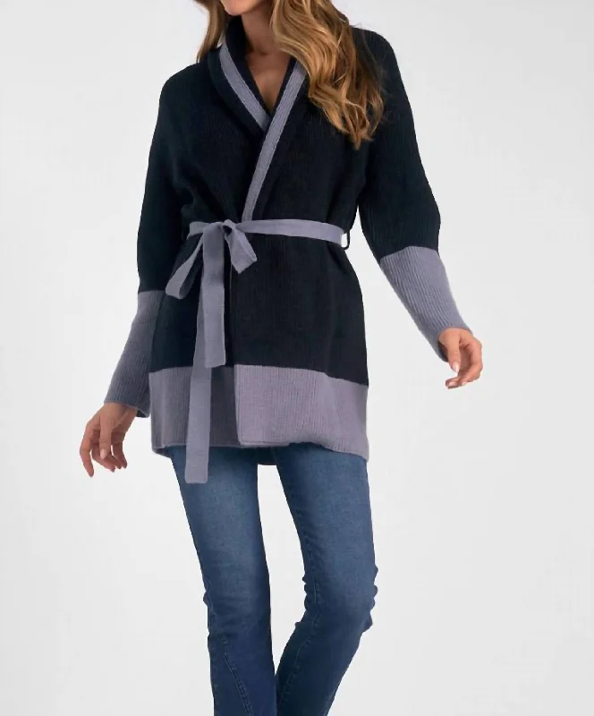 long length women cardigan with side slitsBelted Color Block Cardigan In Black/grey