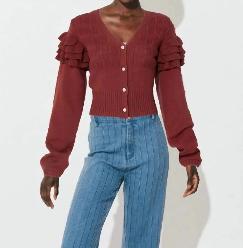 plus size women cardigan for comfortable layeringBess Ruffle Cardigan In Bright Rust