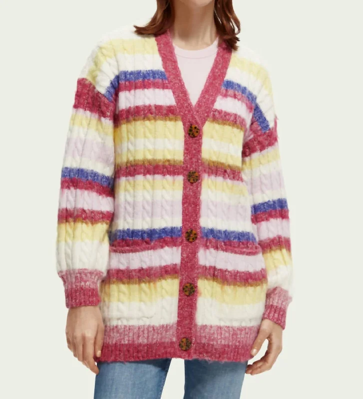 lightweight women cardigan for spring and fallBrushed Mixed Stripe Mid Length Cardigan In Cherry Pie
