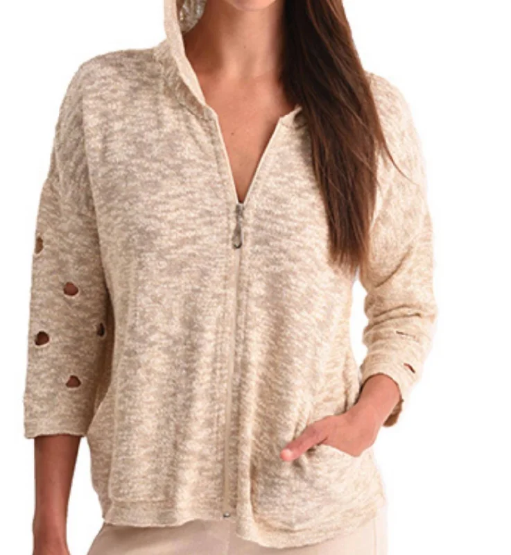 ribbed women cardigan with a classic textureCrochet Cut Out Hooded Zip Cardigan In Sand