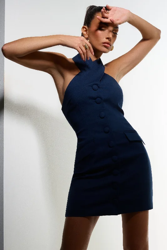 Dani | Navy Halter Neck Tailored Buttoned Bodycon Mini Dress