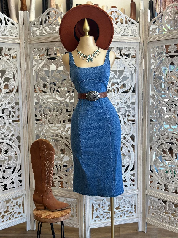 Denim Square Neck Midi Dress- Slightly Stretchy