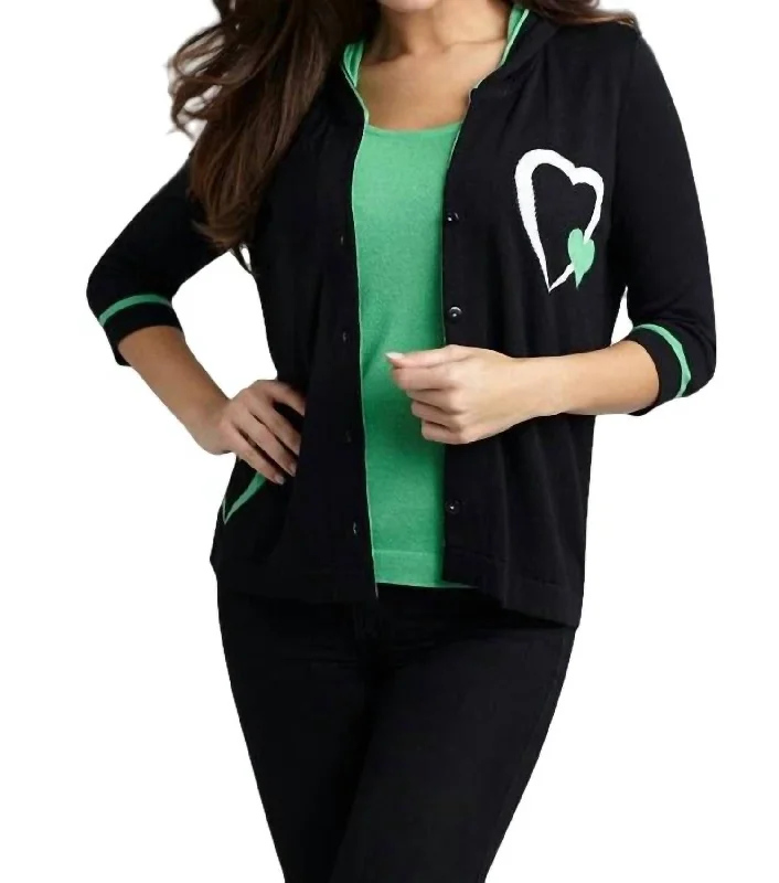 oversized women cardigan for a trendy and cozy lookDouble Heart Hooded Cardigan In Blackgreen