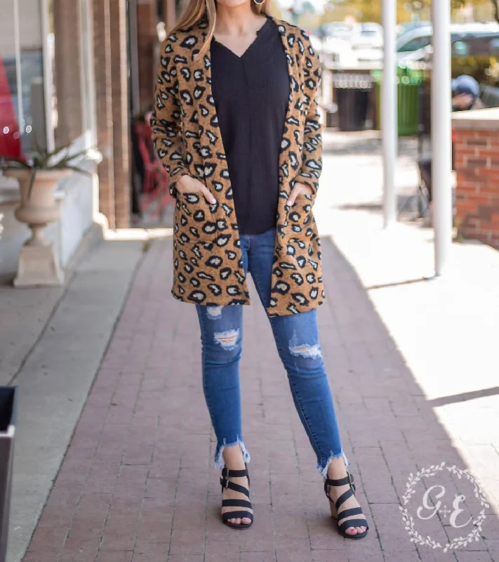 v neck women cardigan to elongate the necklineFireplace Chillin Sweater Cardigan With Pockets In Leopard