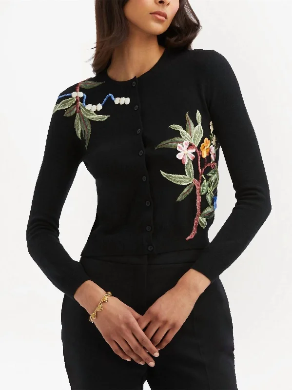 cable knit women cardigan with intricate patternsFloral Embroidered Cardigan In Black Multi