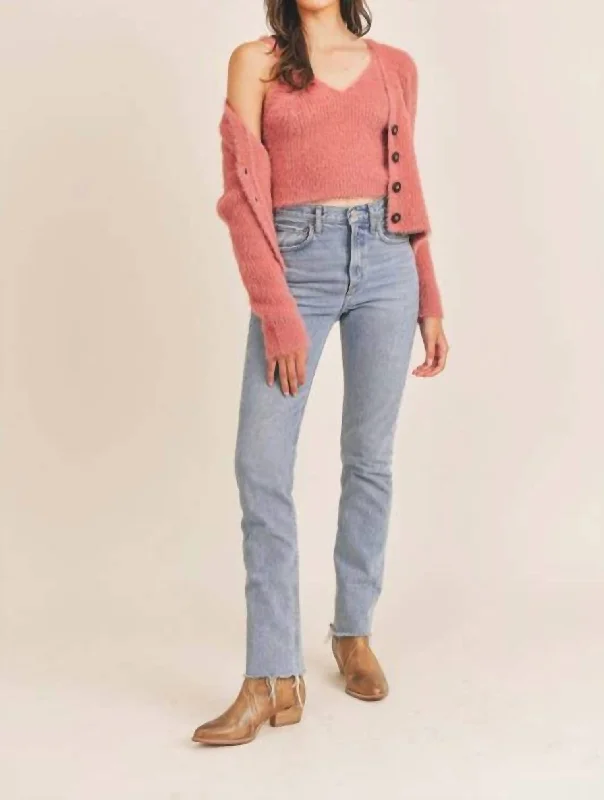 organic cotton women cardigan for an eco - friendly choiceFuzzy Yarn Cardigan In Mauve