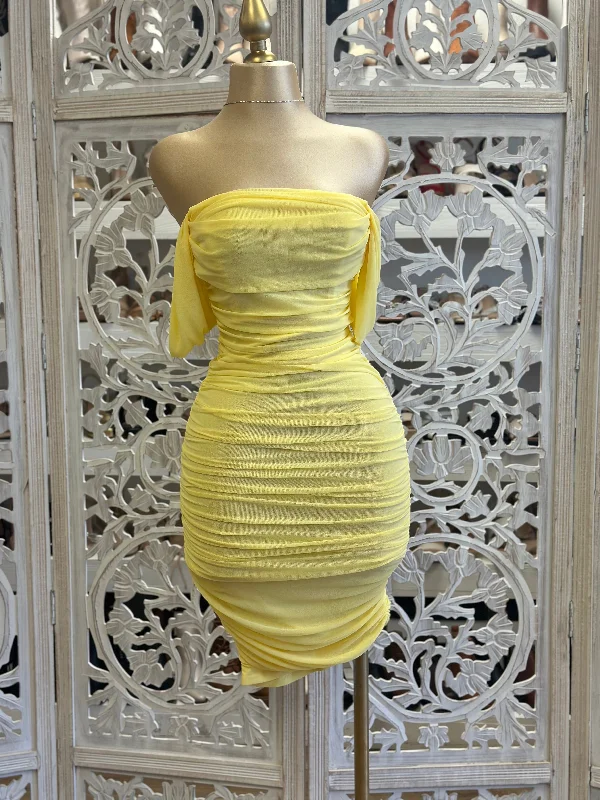 Light Yellow Off Shoulder Ruched Midi Dress- Stretchy