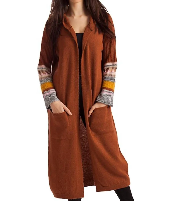 button down women cardigan with vintage buttonsNatalia Long Cardigan With Hood In Rust Multi