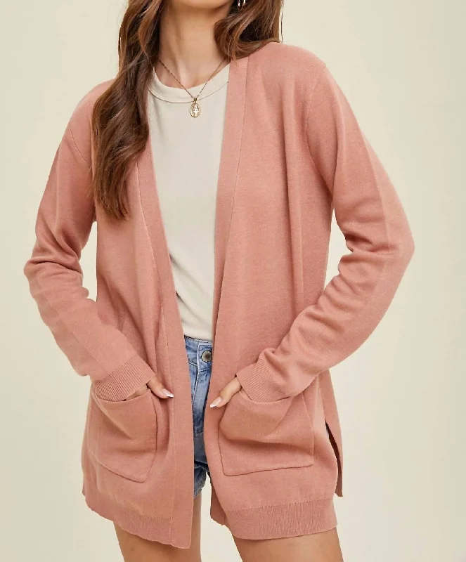 long length women cardigan with side slitsOpen Cardigan In Mauve Heathered