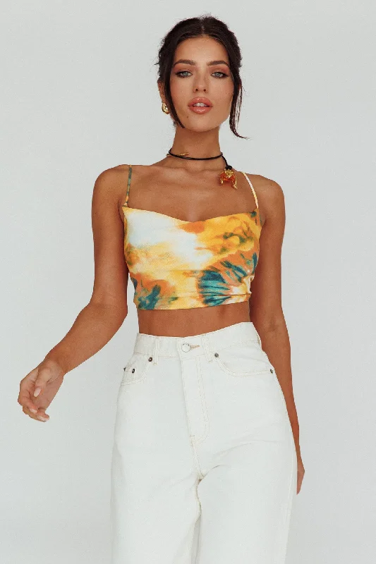 Show Me Love Cowl Neck Tied Back Crop Top Tie-Dye Yellow