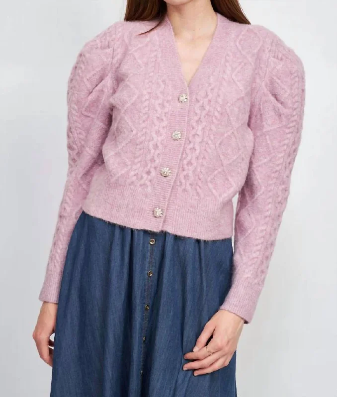 floral print women cardigan for a feminine touchSirka Cable Knit Puffed Sleeve Cardigan In Lilac
